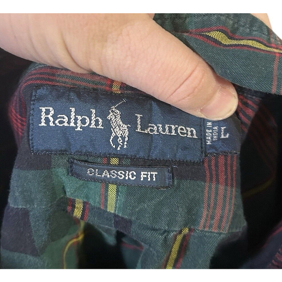 Vintage Ralph Lauren Size Large Green Tartan Plaid Button Down Shirt Classic Fit - Picture 4 of 6